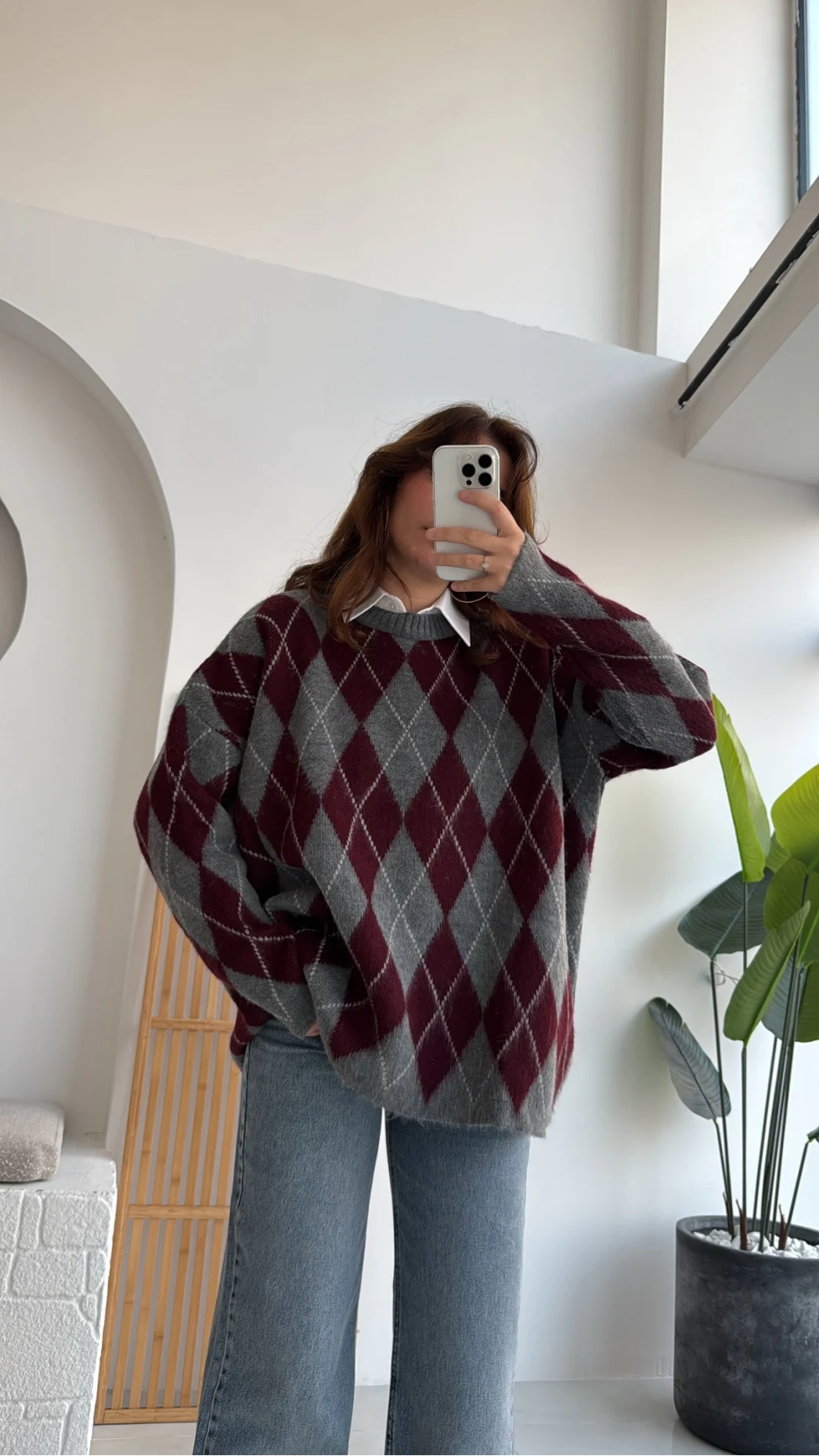 Bol Kesim Bisiklet Yaka Baklava Kazak - Antrasit-Bordo