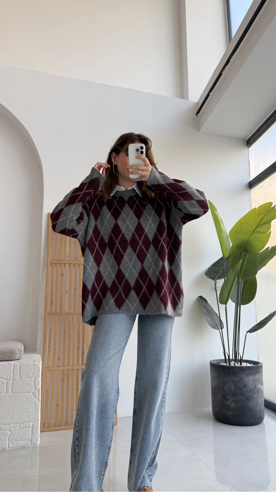 Bol Kesim Bisiklet Yaka Baklava Kazak - Antrasit-Bordo