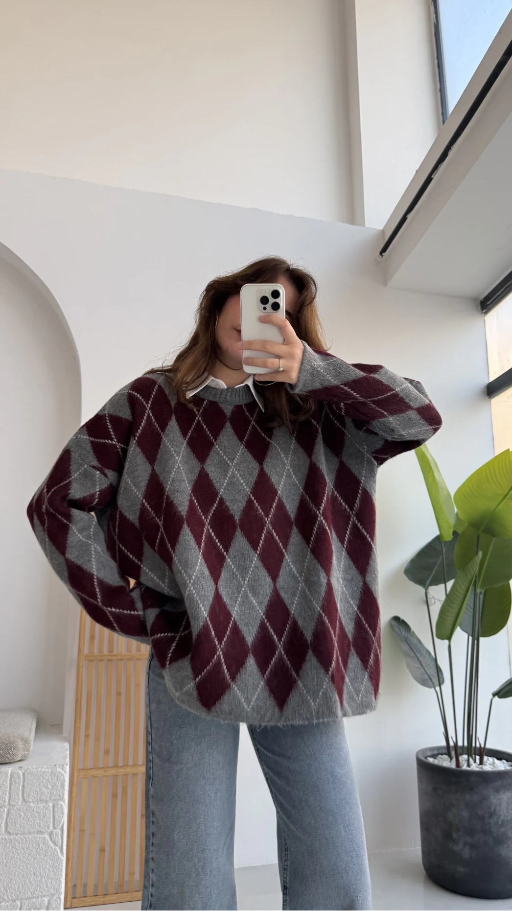 Bol Kesim Bisiklet Yaka Baklava Kazak - Antrasit-Bordo