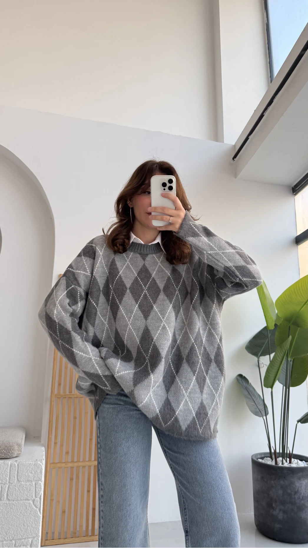 Bol Kesim Bisiklet Yaka Baklava Kazak - Gri-Antrasit