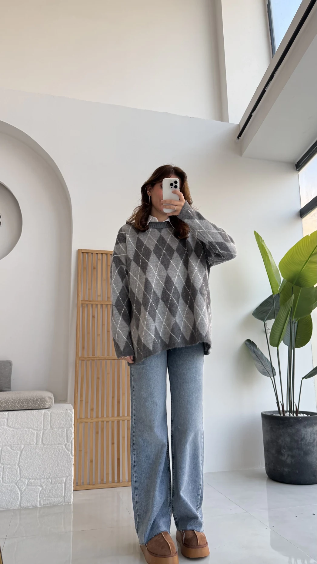 Bol Kesim Bisiklet Yaka Baklava Kazak - Gri-Antrasit