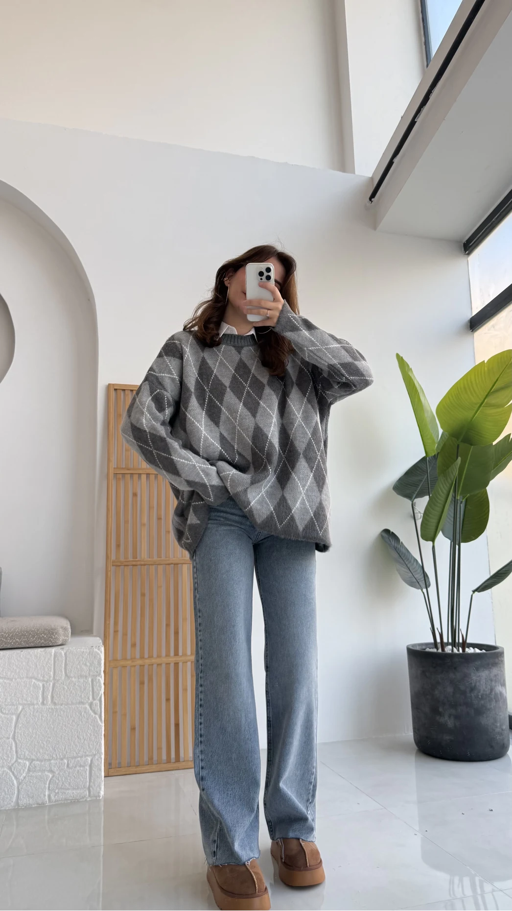 Bol Kesim Bisiklet Yaka Baklava Kazak - Gri-Antrasit