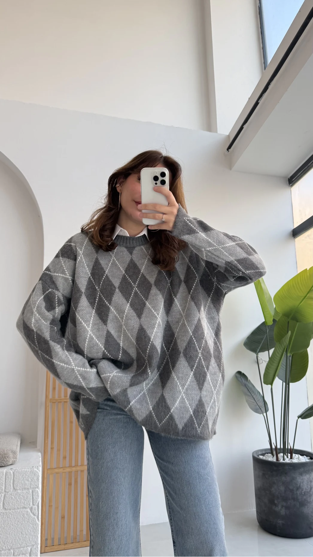 Bol Kesim Bisiklet Yaka Baklava Kazak - Gri-Antrasit