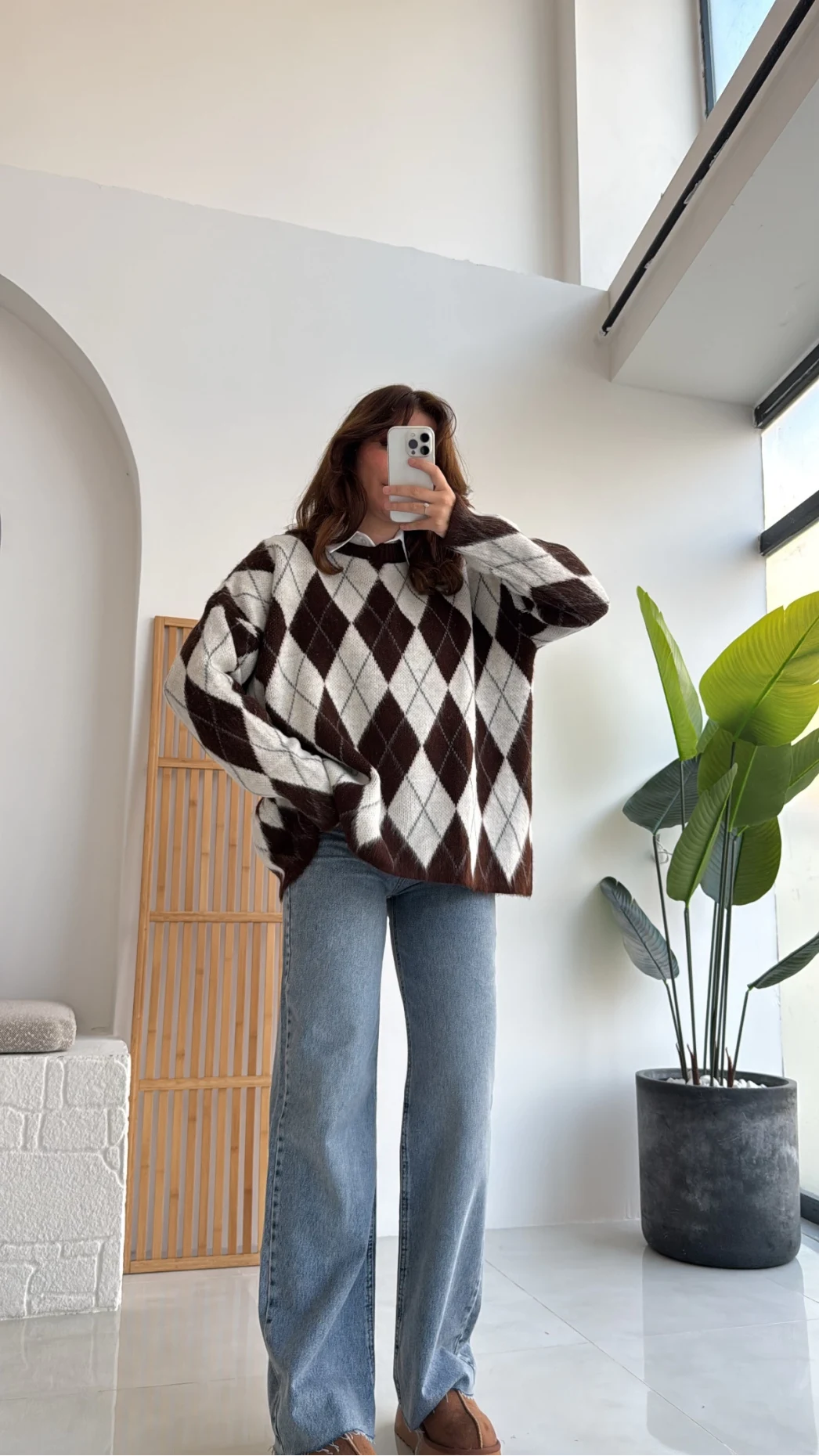 Bol Kesim Bisiklet Yaka Baklava Kazak - Kahve-Ekru