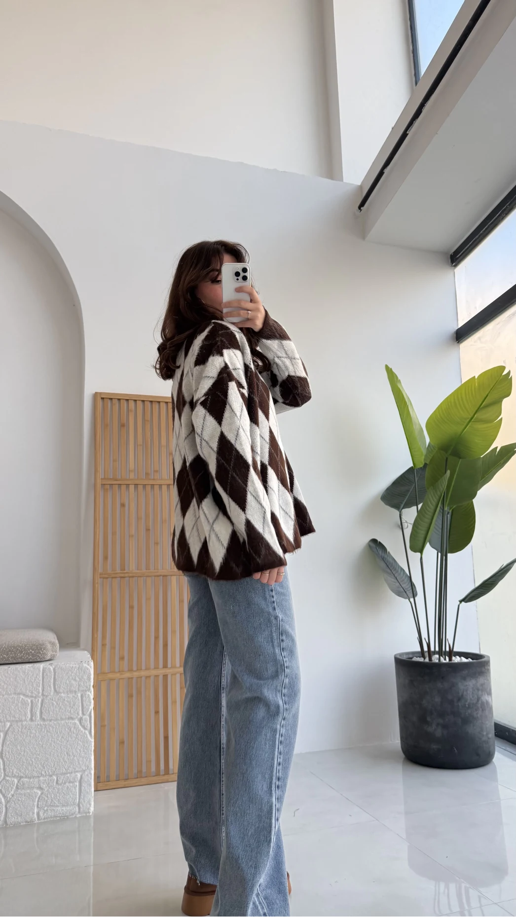 Bol Kesim Bisiklet Yaka Baklava Kazak - Kahve-Ekru