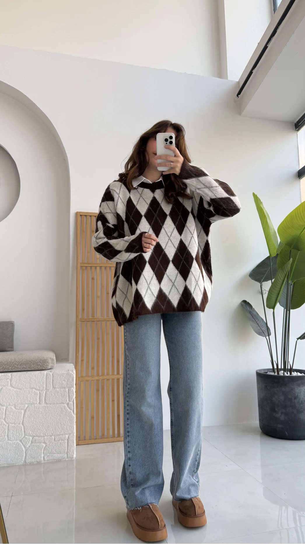 Bol Kesim Bisiklet Yaka Baklava Kazak - Kahve-Ekru