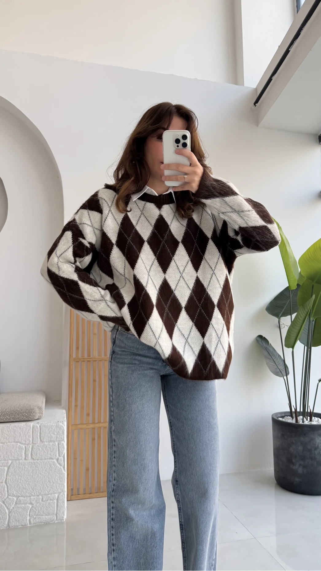 Bol Kesim Bisiklet Yaka Baklava Kazak - Kahve-Ekru