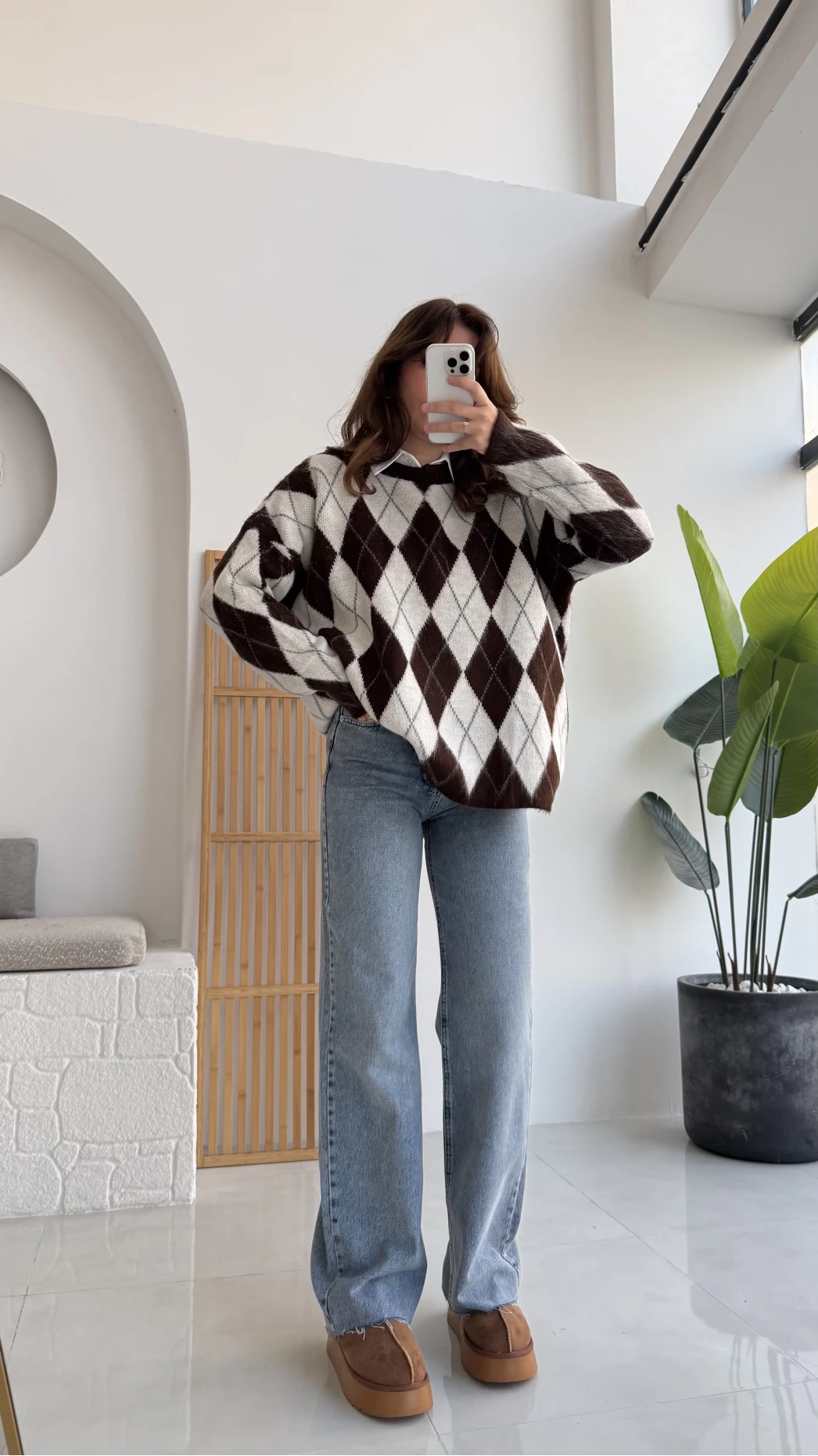 Bol Kesim Bisiklet Yaka Baklava Kazak - Kahve-Ekru