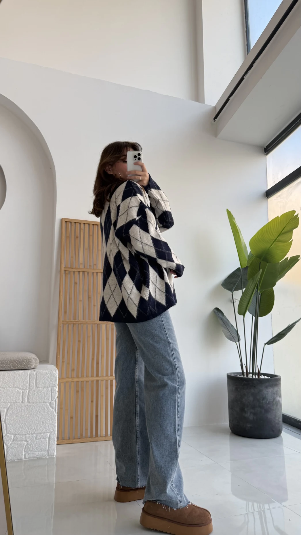 Bol Kesim Bisiklet Yaka Baklava Kazak - Lacivert-Ekru