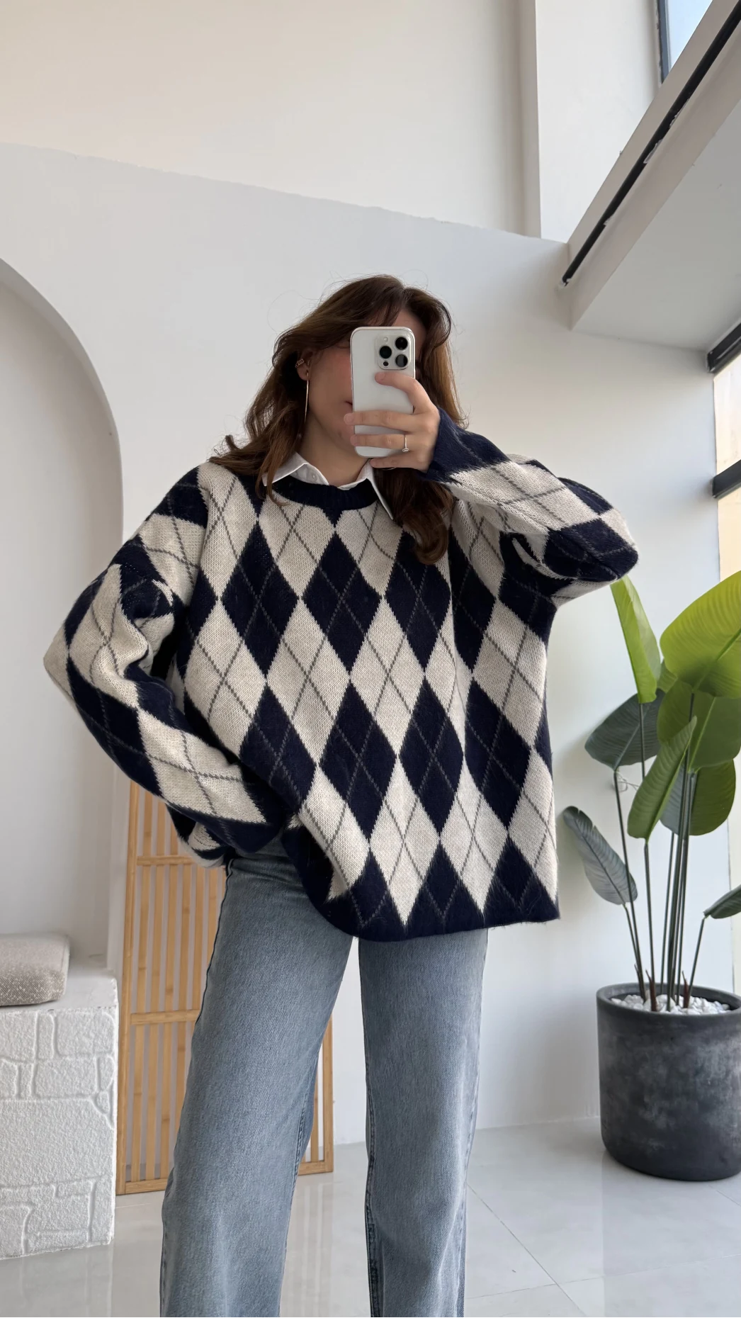 Bol Kesim Bisiklet Yaka Baklava Kazak - Lacivert-Ekru