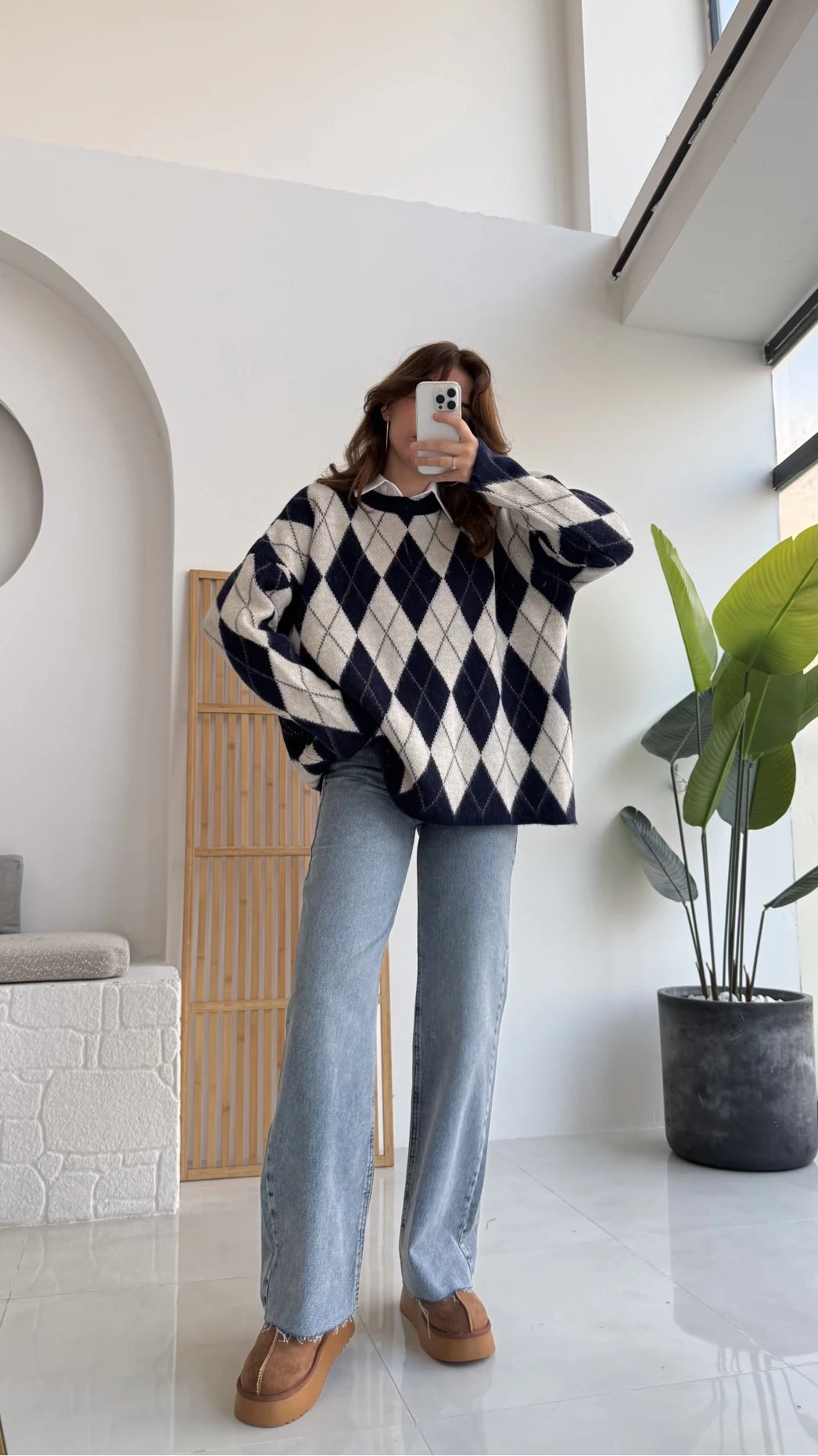 Bol Kesim Bisiklet Yaka Baklava Kazak - Lacivert-Ekru