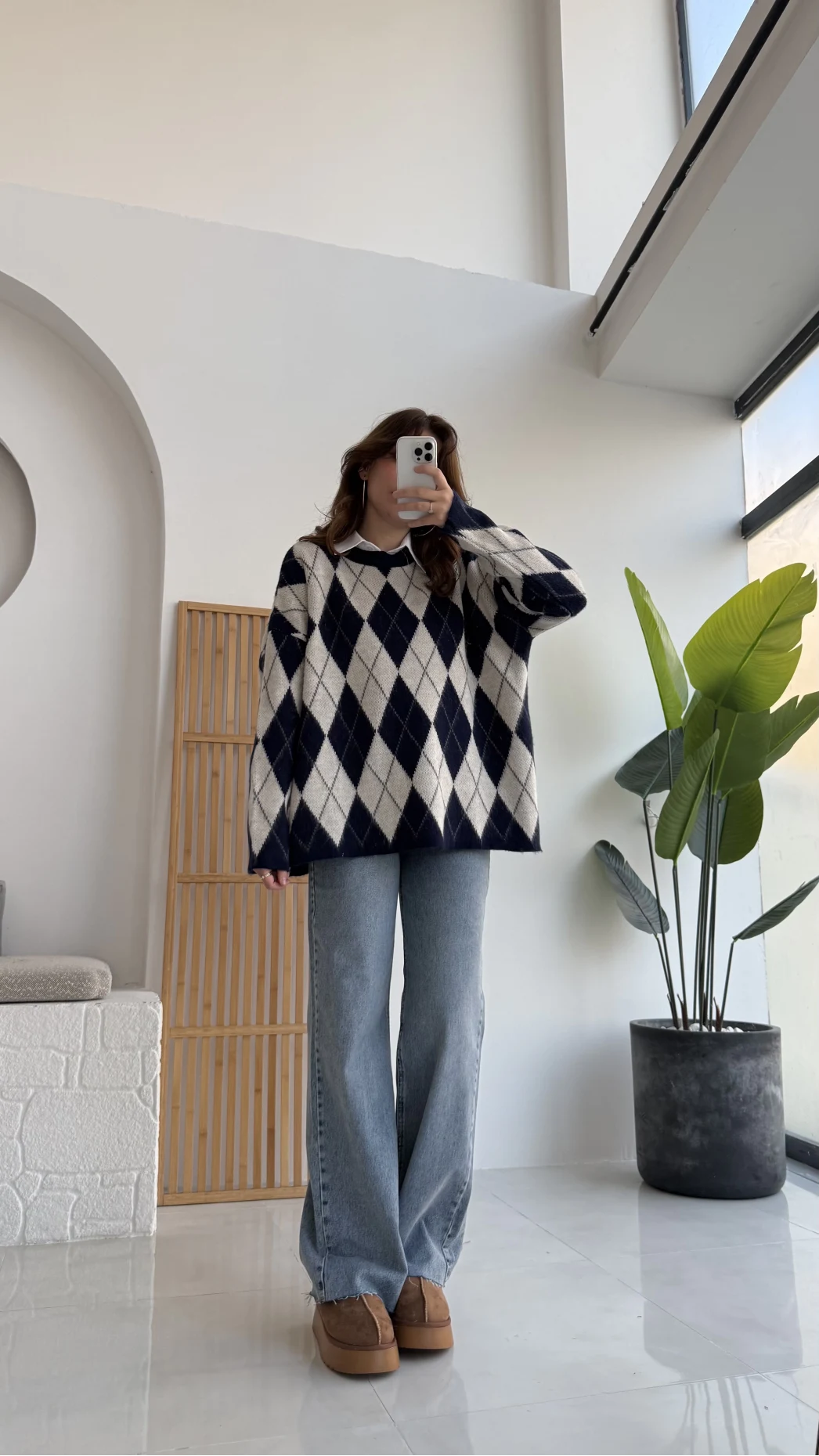 Bol Kesim Bisiklet Yaka Baklava Kazak - Lacivert-Ekru