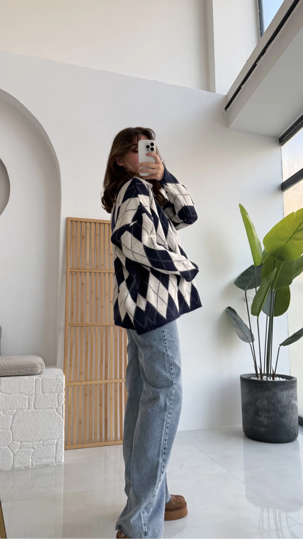 Bol Kesim Bisiklet Yaka Baklava Kazak - Lacivert-Ekru