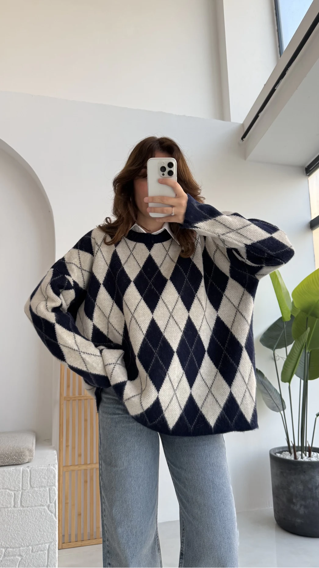 Bol Kesim Bisiklet Yaka Baklava Kazak - Lacivert-Ekru