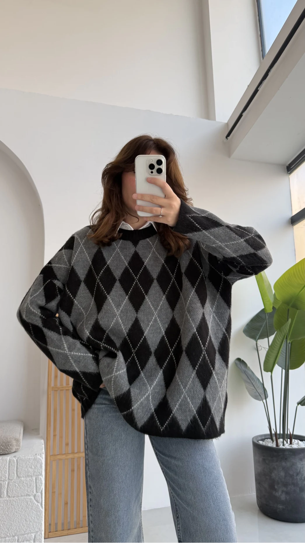 Bol Kesim Bisiklet Yaka Baklava Kazak - Siyah-Antrasit