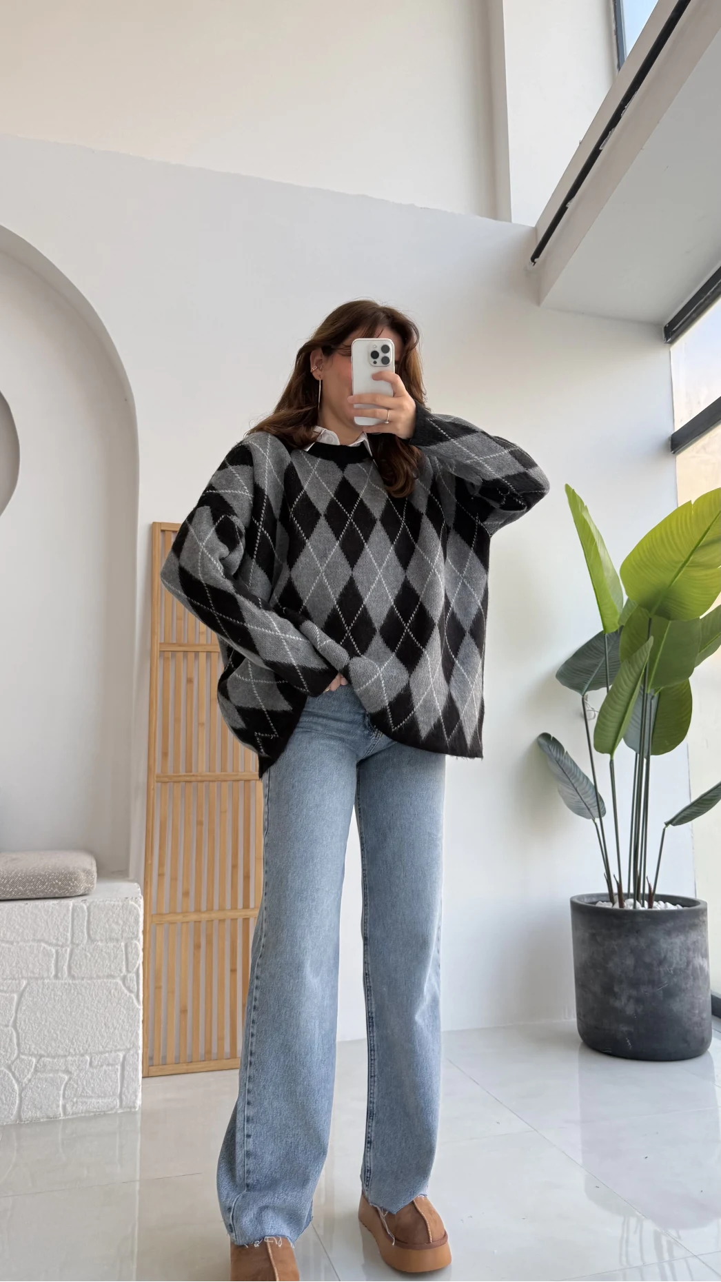 Bol Kesim Bisiklet Yaka Baklava Kazak - Siyah-Antrasit