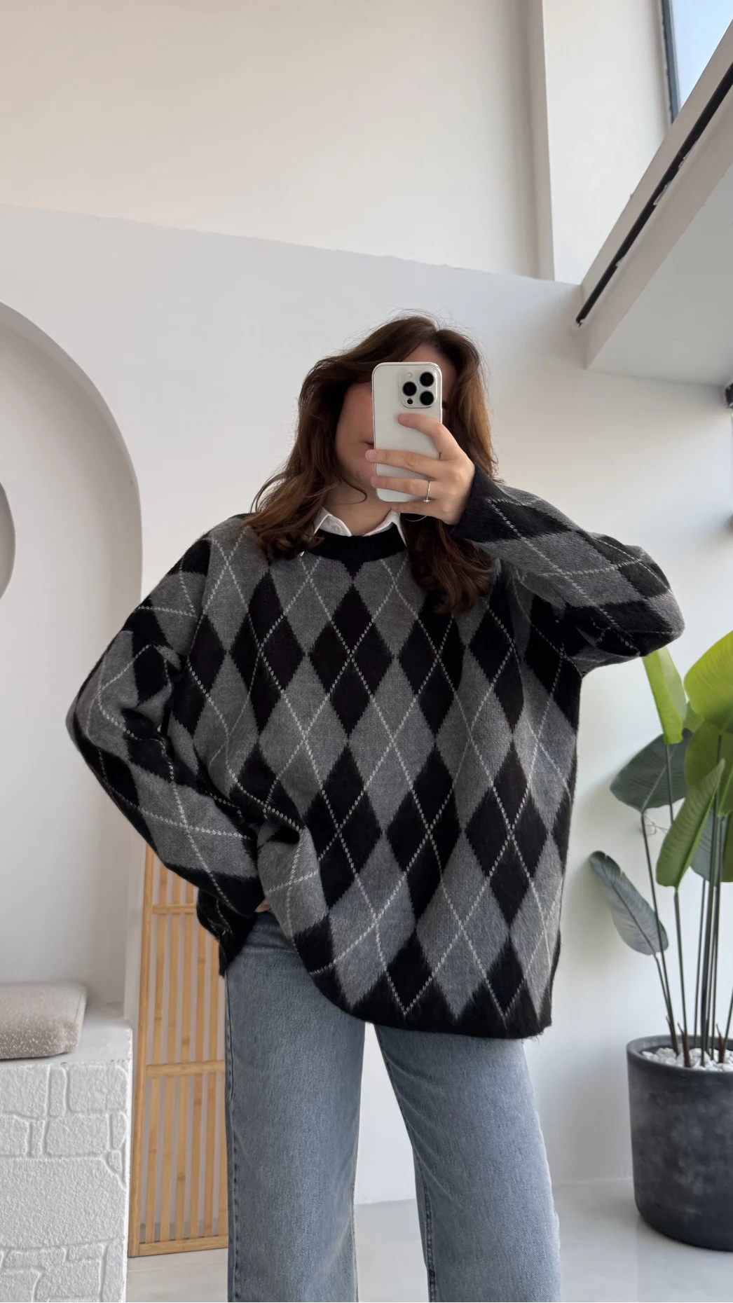 Bol Kesim Bisiklet Yaka Baklava Kazak - Siyah-Antrasit