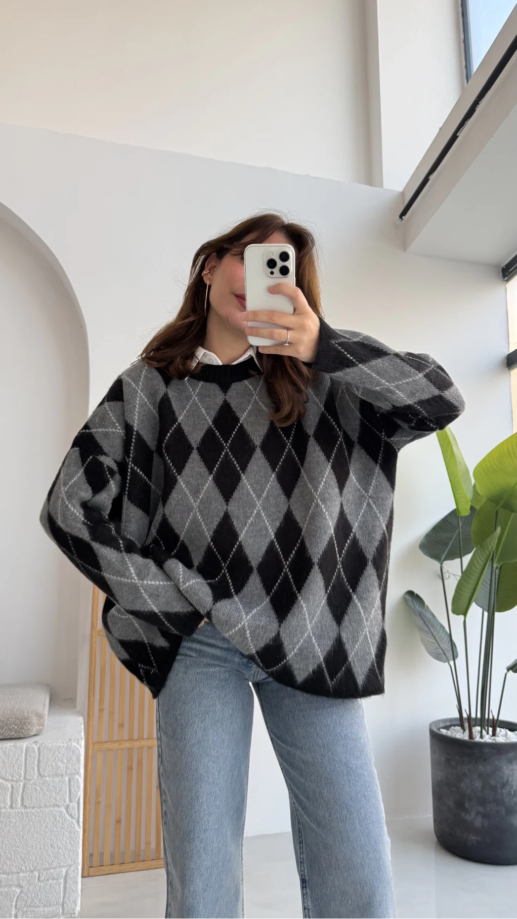 Bol Kesim Bisiklet Yaka Baklava Kazak - Siyah-Antrasit