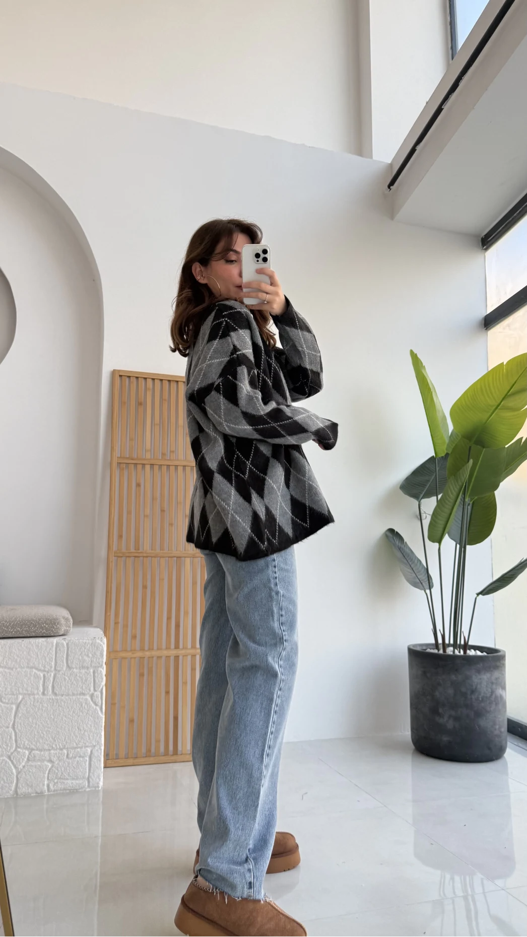 Bol Kesim Bisiklet Yaka Baklava Kazak - Siyah-Antrasit