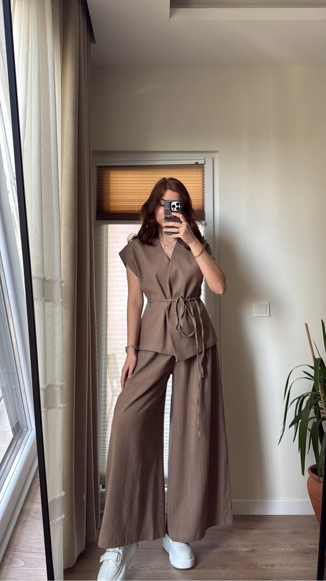 Bol Paça Pantolon Yelek Takım - Kahve