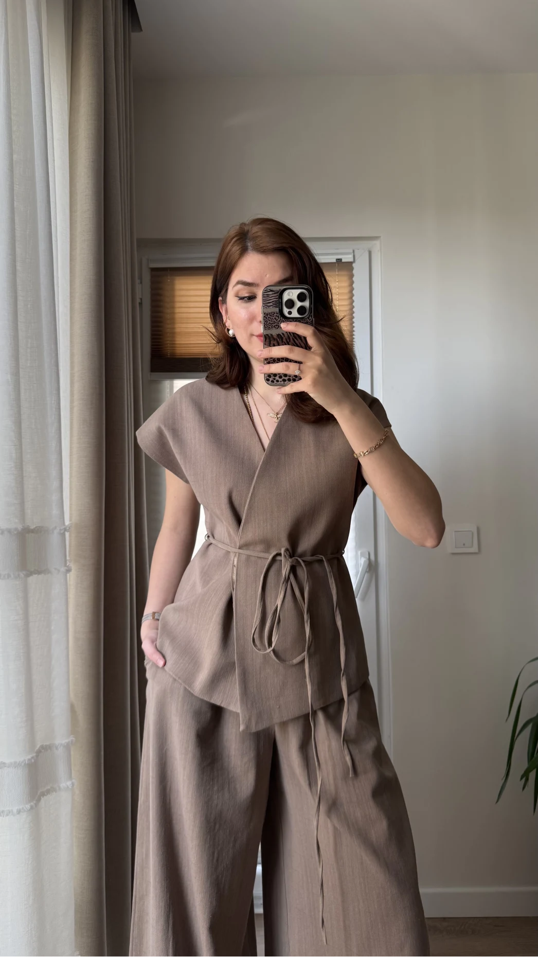 Bol Paça Pantolon Yelek Takım - Kahve