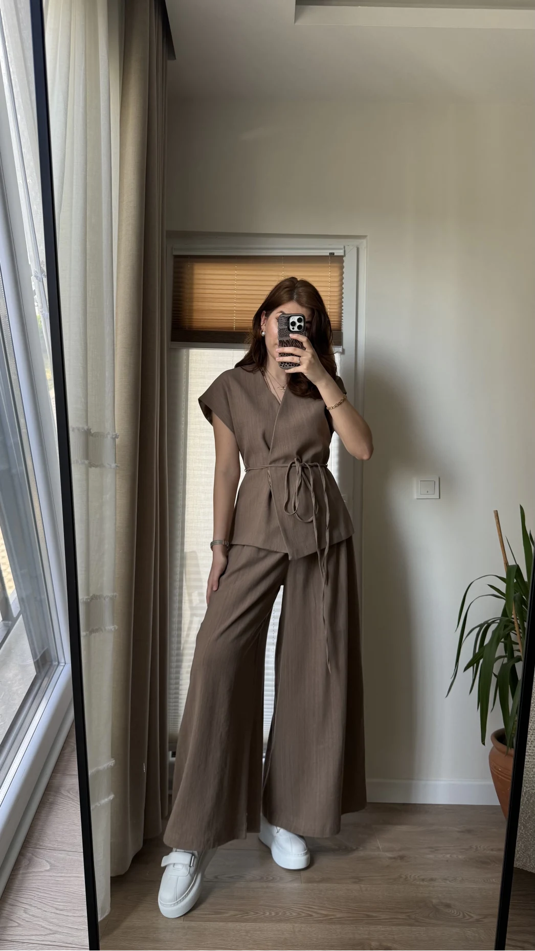 Bol Paça Pantolon Yelek Takım - Kahve