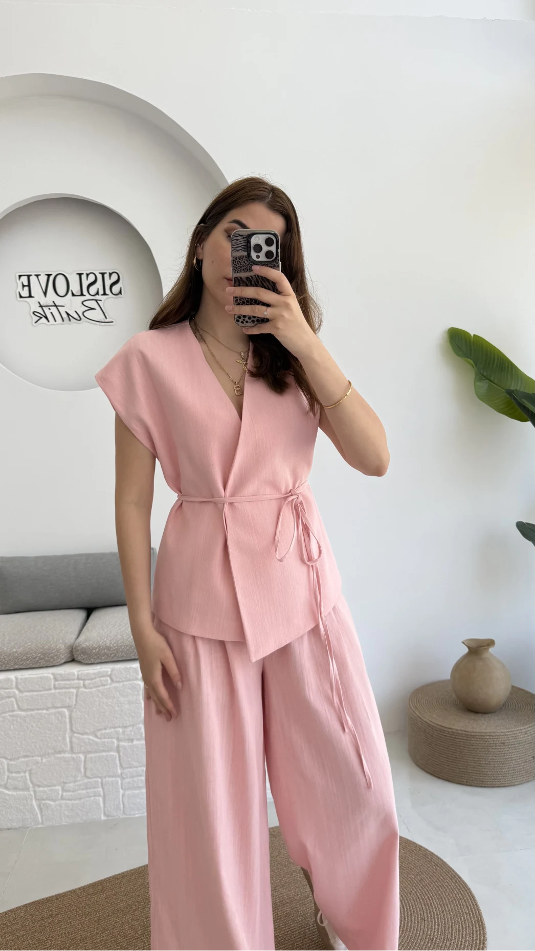 Bol Paça Pantolon Yelek Takım - Pembe