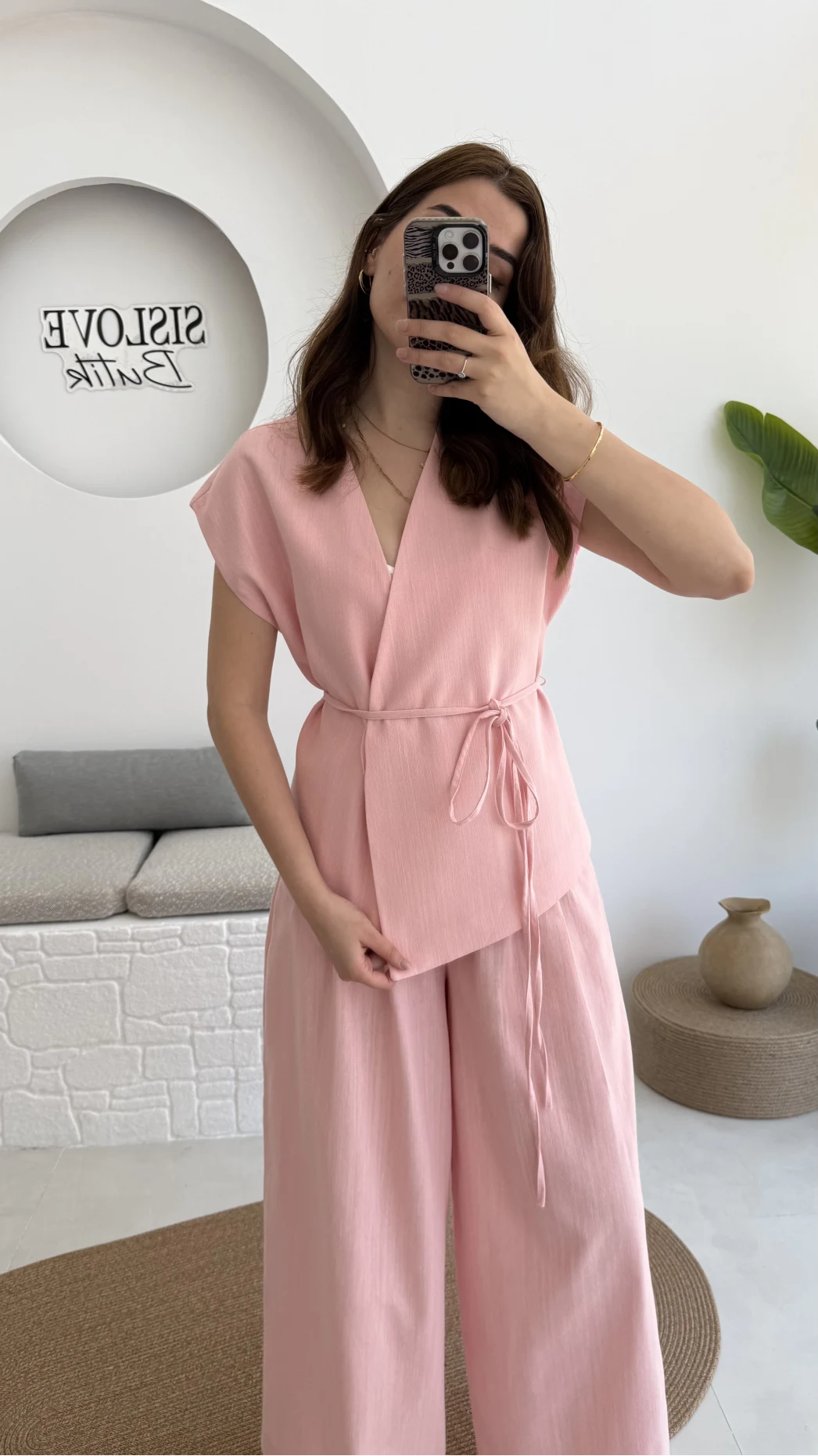 Bol Paça Pantolon Yelek Takım - Pembe