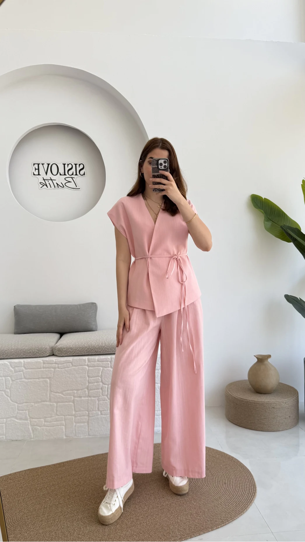 Bol Paça Pantolon Yelek Takım - Pembe