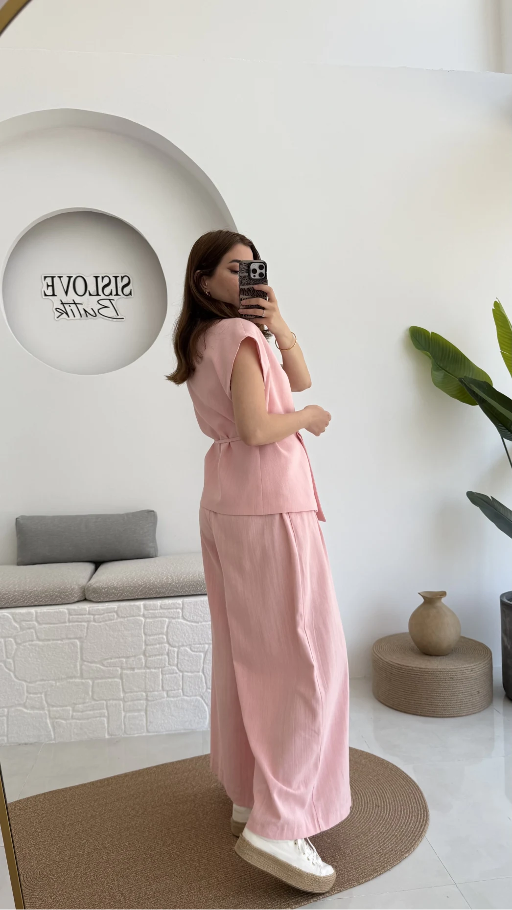 Bol Paça Pantolon Yelek Takım - Pembe