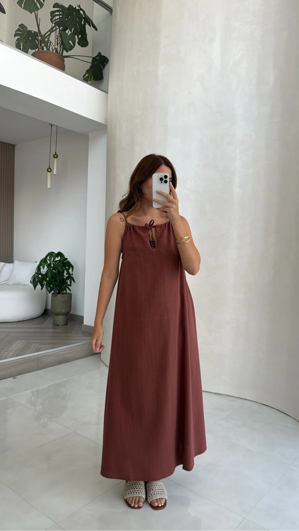 Boncuk Askılı Elbise - Kiremit - Kod: 2239