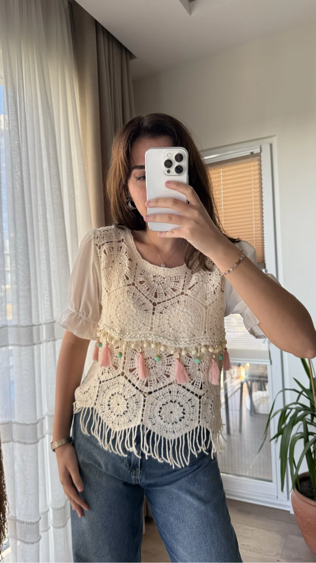 Boncuk Detay Triko Bluz