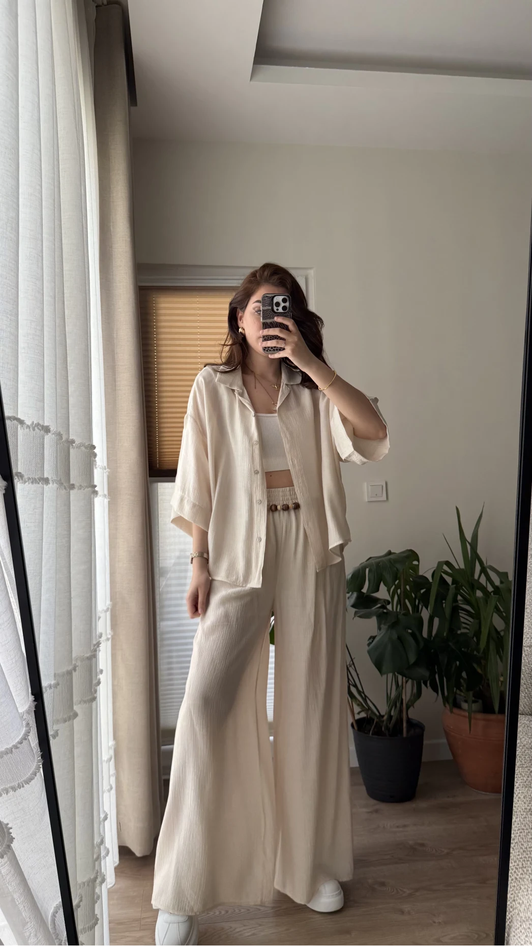 Boncuk Kemer Gömlek Pantolon Takım - Krem