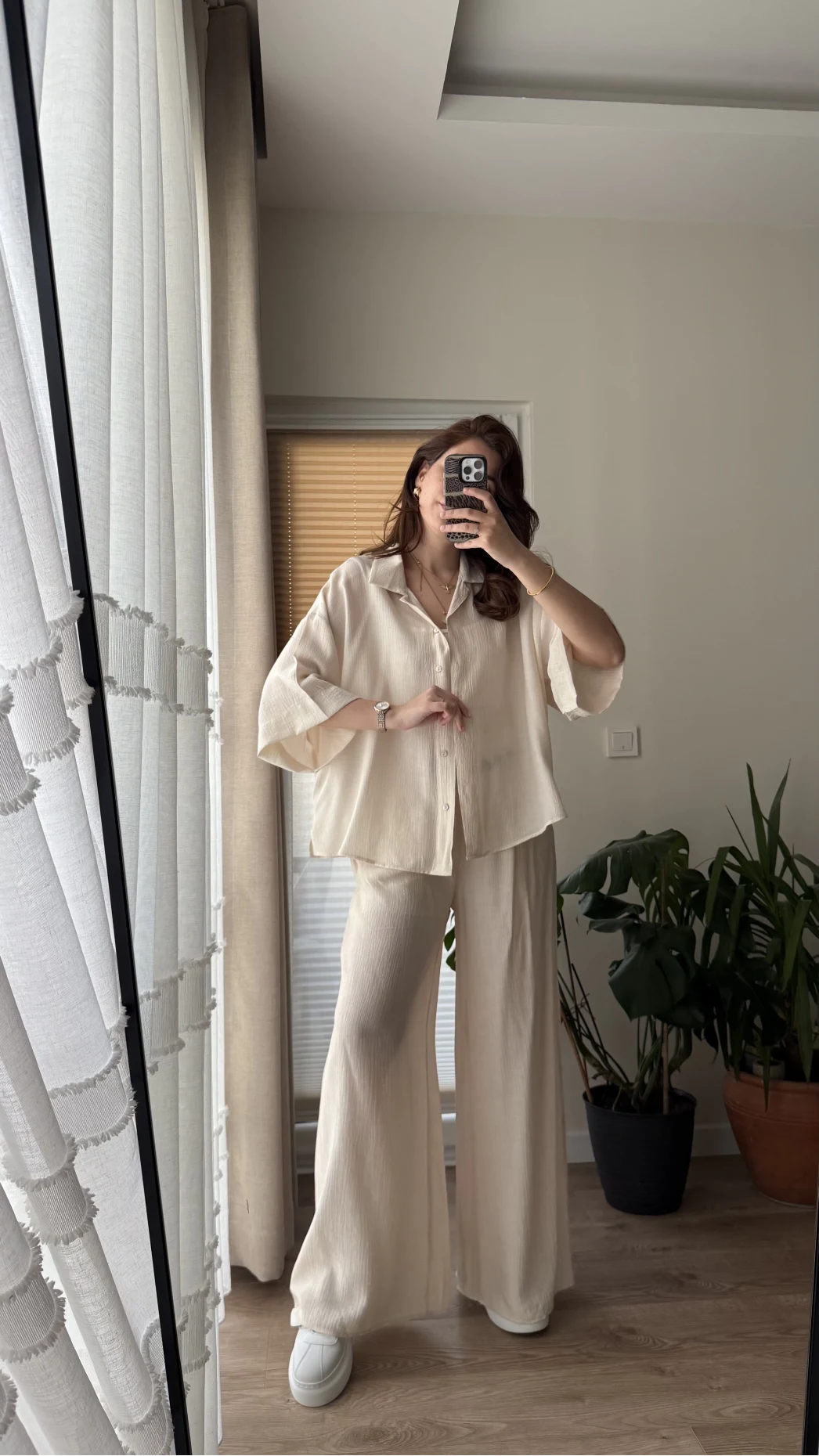 Boncuk Kemer Gömlek Pantolon Takım - Krem