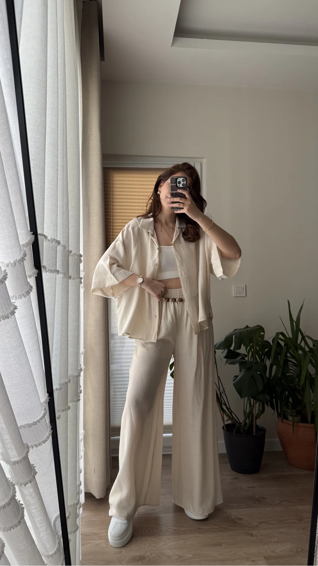 Boncuk Kemer Gömlek Pantolon Takım - Krem