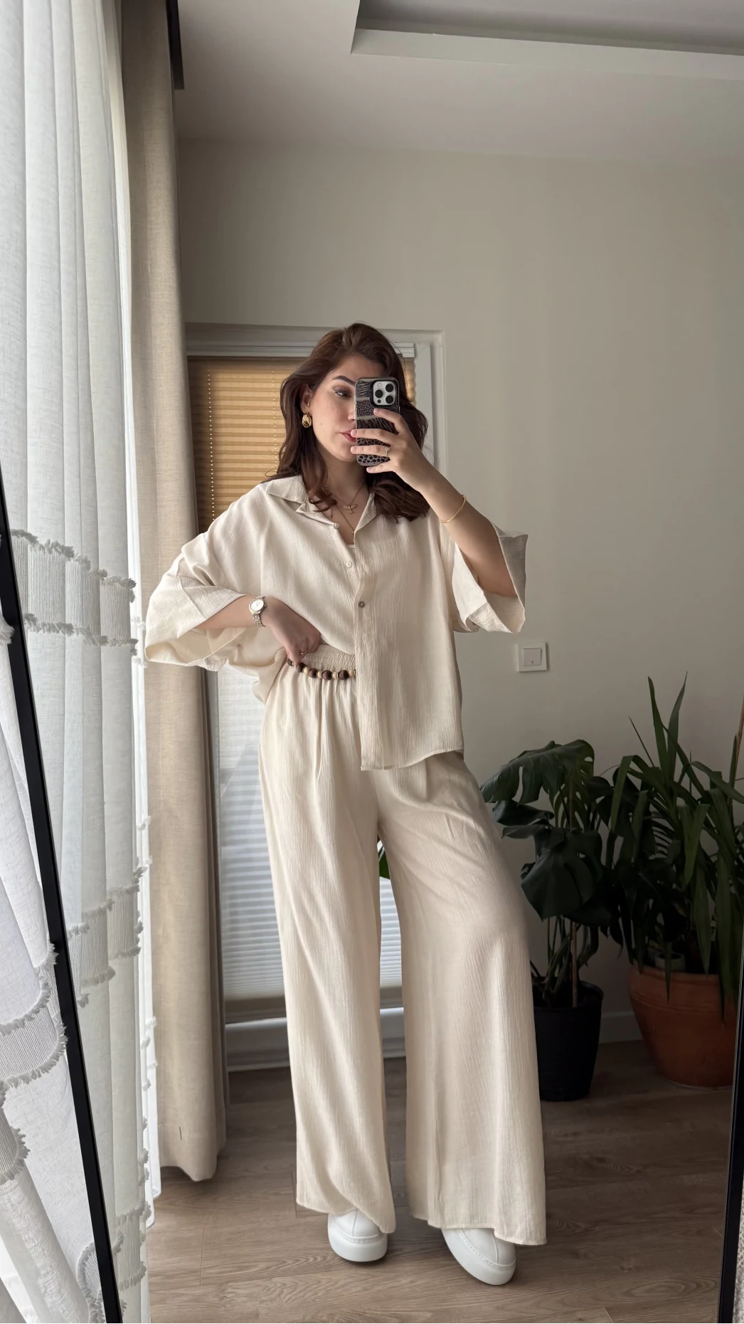 Boncuk Kemer Gömlek Pantolon Takım - Krem