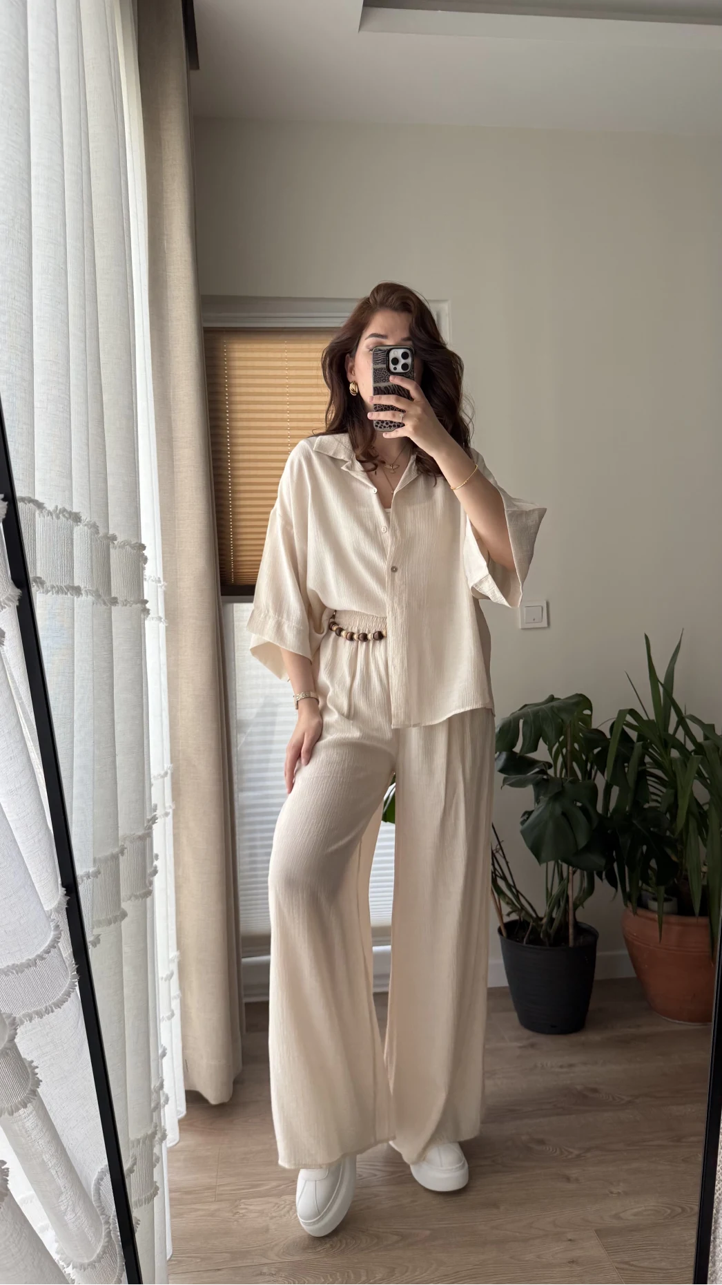 Boncuk Kemer Gömlek Pantolon Takım - Krem