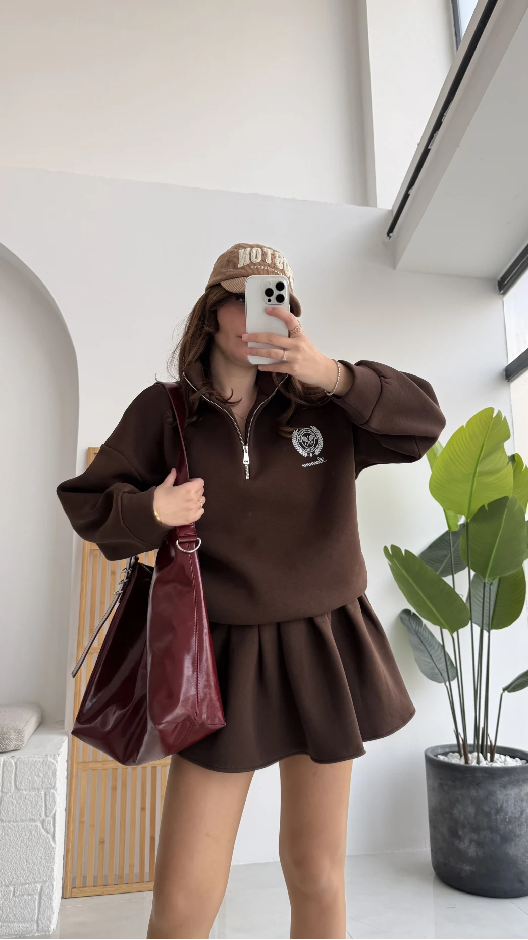 Bonneriee Pileli Mini Etek Sweat Takım - Kahverengi