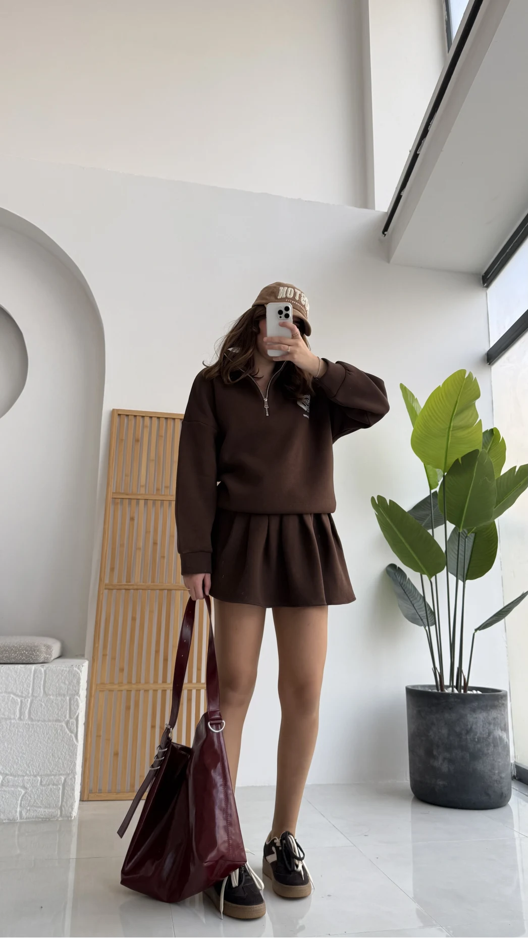 Bonneriee Pileli Mini Etek Sweat Takım - Kahverengi