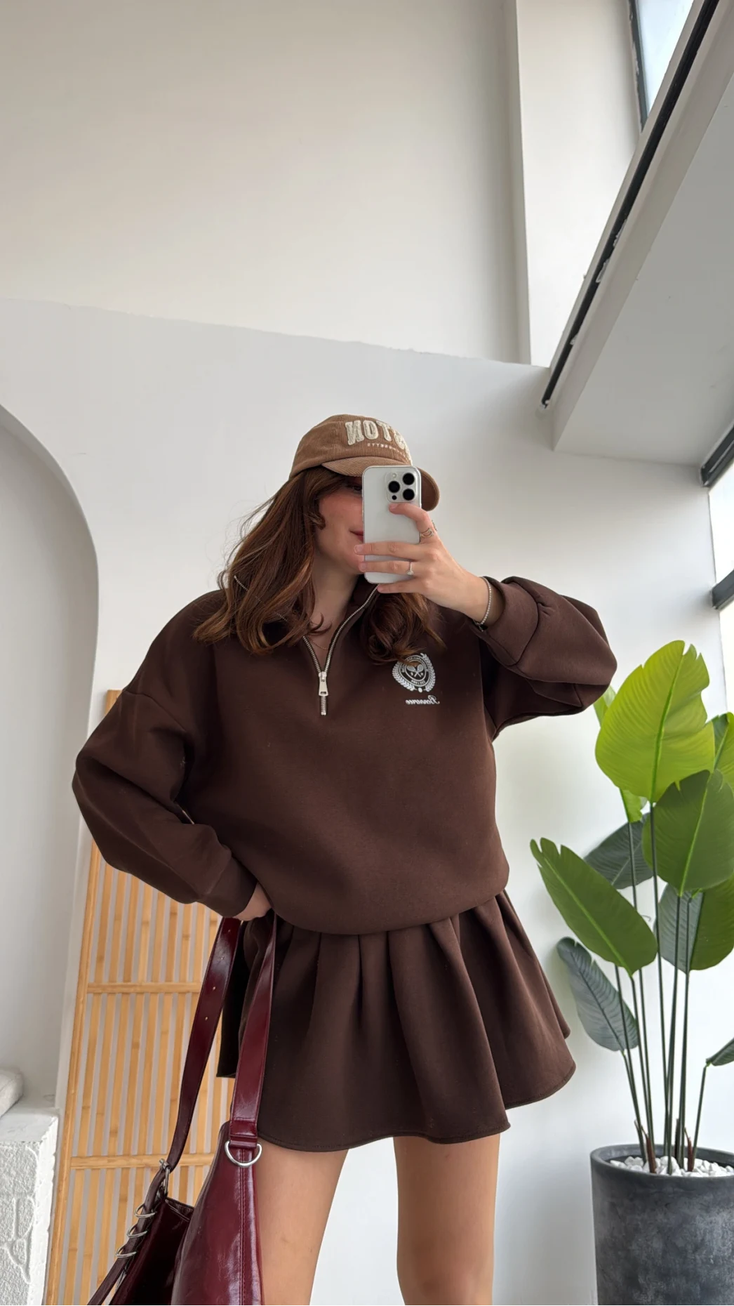 Bonneriee Pileli Mini Etek Sweat Takım - Kahverengi