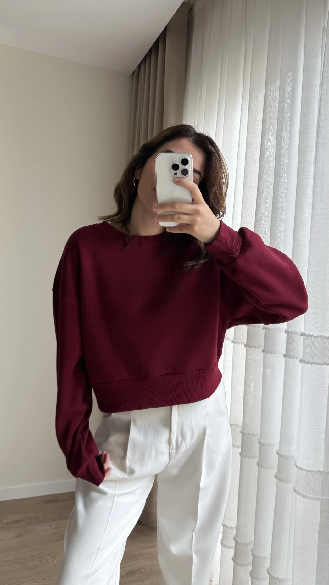 Bordo Kısa 3 İplik Şardonlu Sweat