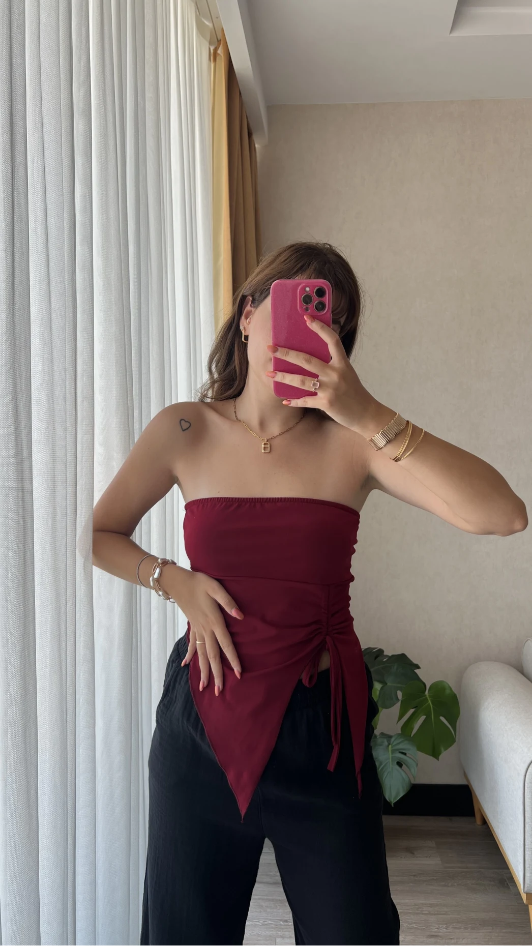 Bordo Straplez Büzgülü Üst