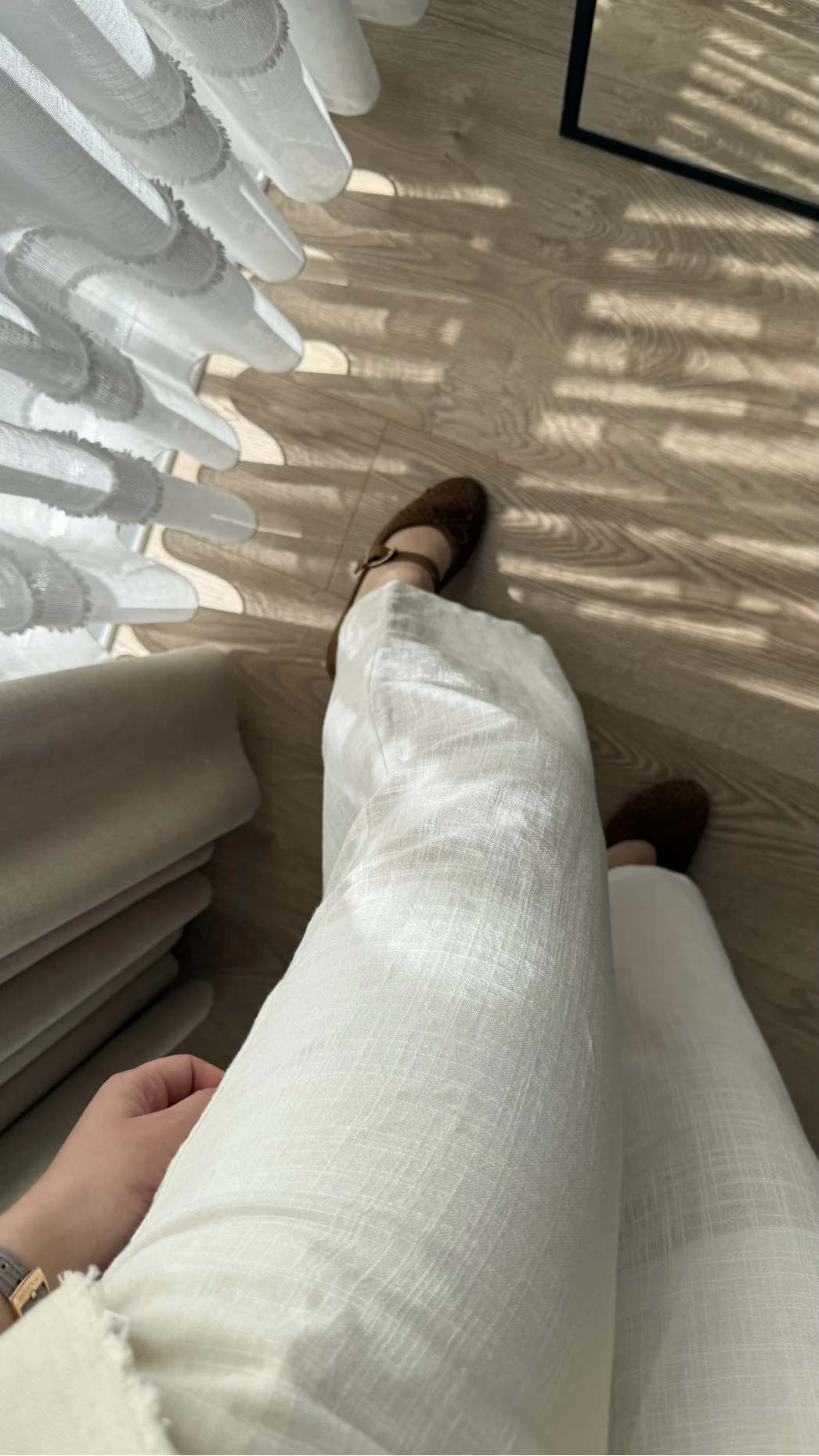 Boru Paça Lastikli Keten Astarlı Pantolon Beyaz