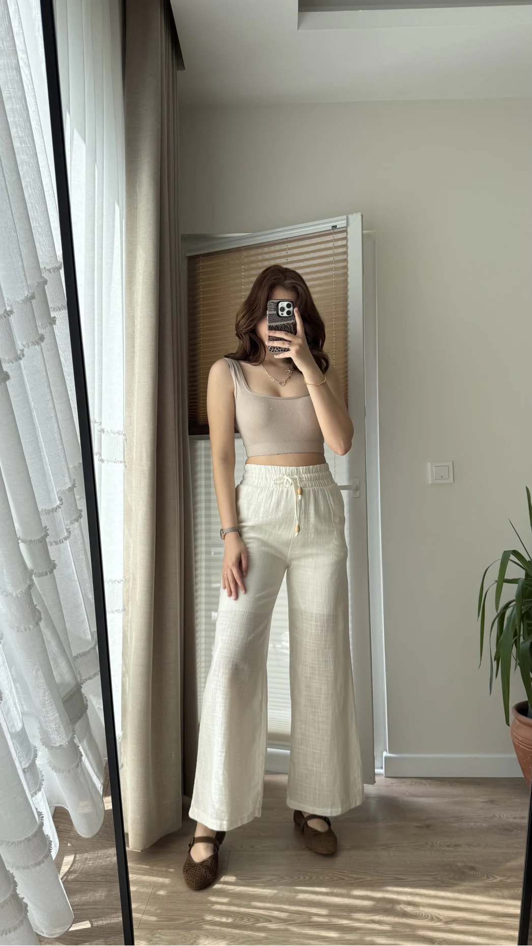 Boru Paça Lastikli Keten Astarlı Pantolon Beyaz