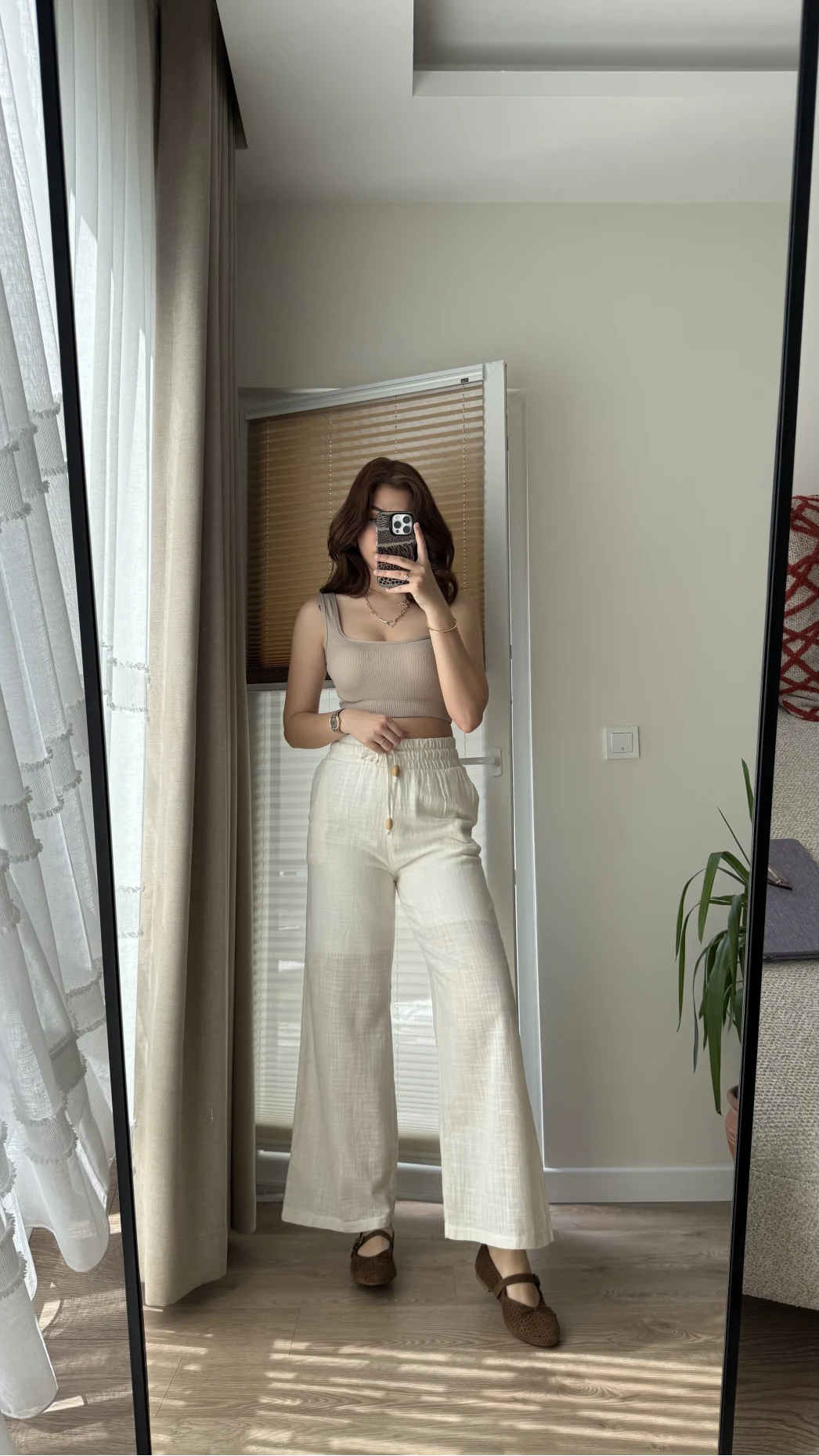 Boru Paça Lastikli Keten Astarlı Pantolon Beyaz