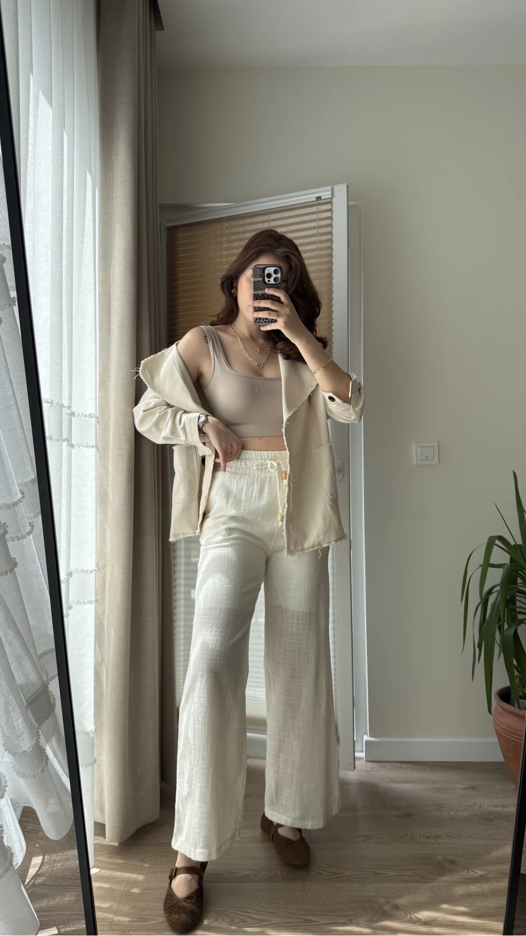 Boru Paça Lastikli Keten Astarlı Pantolon Beyaz