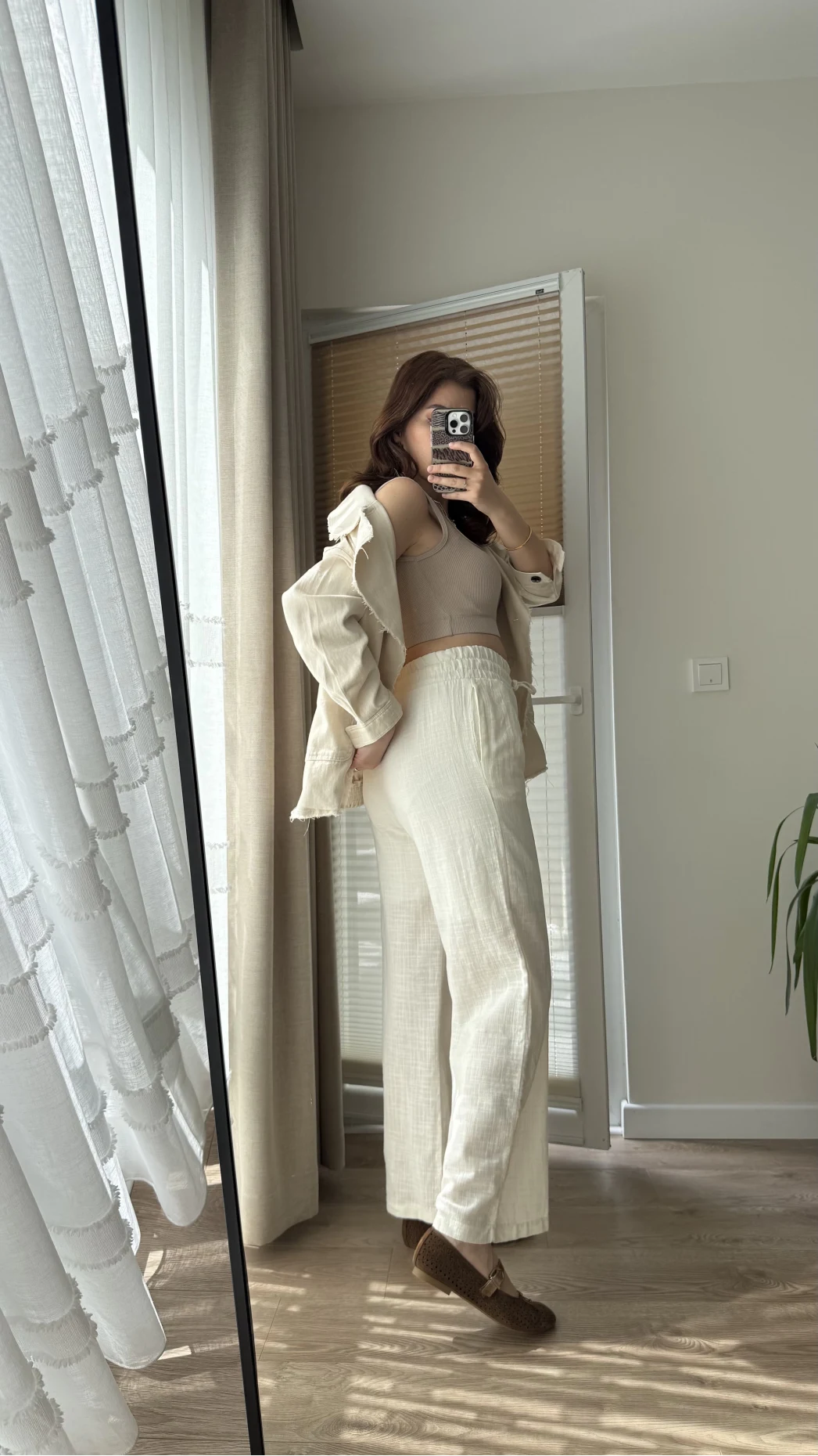 Boru Paça Lastikli Keten Astarlı Pantolon Beyaz