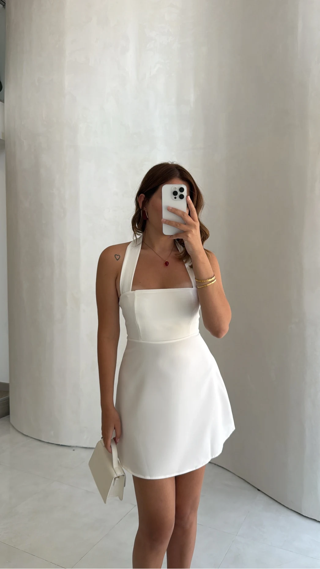 Boyundan Askılı Mini Elbise - Beyaz