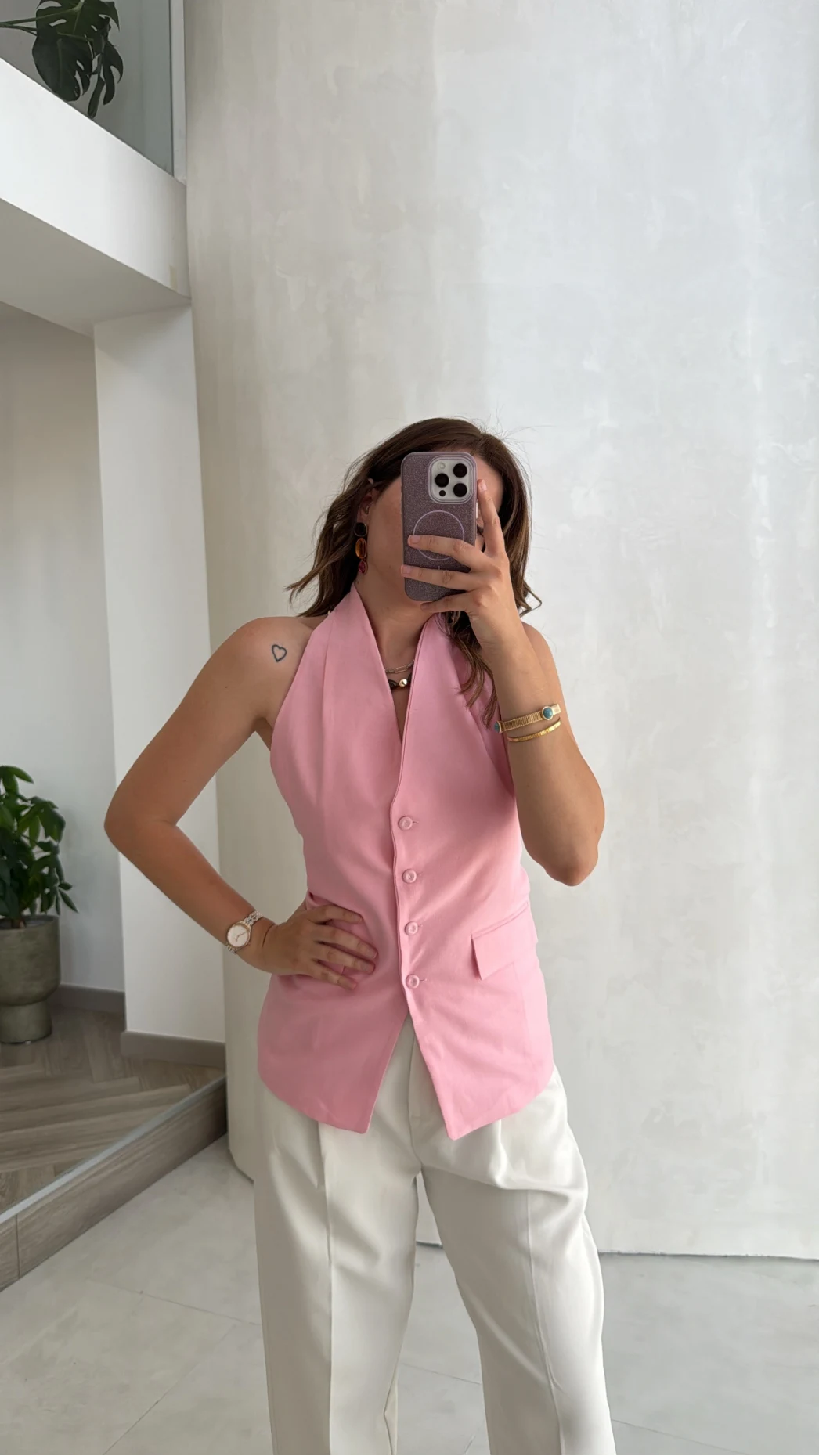 Boyundan Geçmeli Düğmeli Yelek - Pembe - Kod: 580407