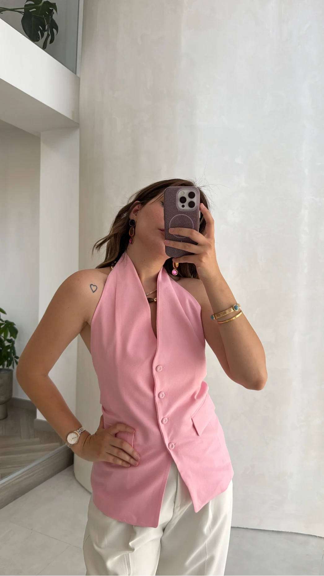Boyundan Geçmeli Düğmeli Yelek - Pembe - Kod: 580407